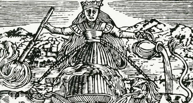 Ilustração da Idade Média mostrando uma “bruxa” fabricando cerveja